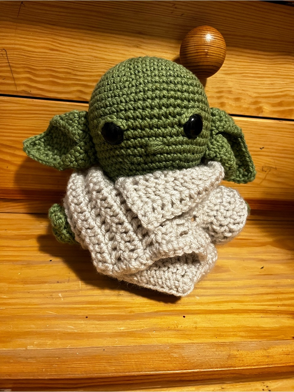 Crocheted Baby Yoda Plush in Olive Green with Cream Cloak